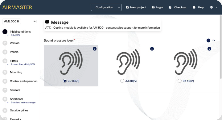 Airmaster configurator guiding a ventilation product selection