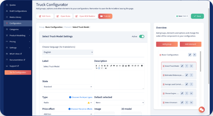 Mercura form builder structuring product options in the Truck Configurator