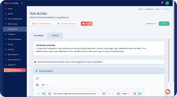 Mercura Rule Builder encoding conditions and effects for product configuration