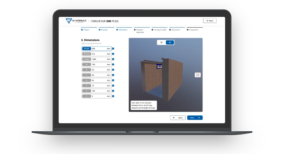 Branded headless configurator on a laptop, AC Hydraulic pit jack example